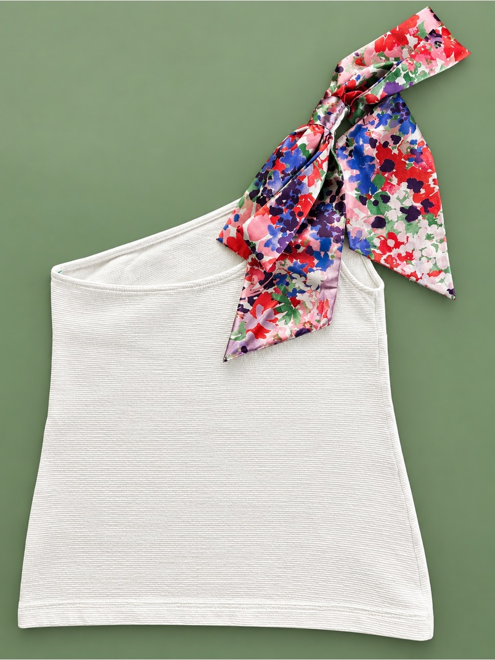 Maeve White One-Shoulder Tank with Floral Tie Accent
